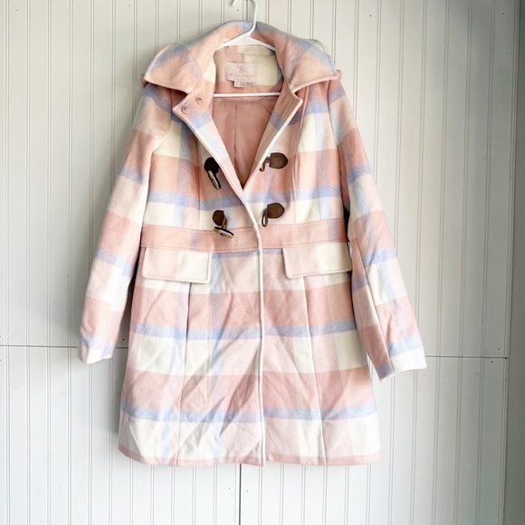 Gal Meets Glam Size L Pink Annelise Plaid Wool Hooded Coat NEW! - Picture 3 of 8